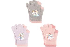 QKURT 3 Pairs Kids Warm Knit Gloves, Toddler Magic Gloves Children's Colorful Glove Soft Thermal Glove Stretch Winter Mittens Full Finger Mittens Unicorn Pattern for 1-5 Years Boys Girls