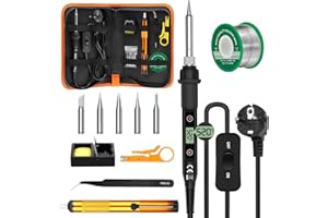 EDASION Lötkolben Set 80W LCD Temperatur Einstellbar 180~520°C Lötkolben mit Schalter, 15 Sek. Schnelles Aufheizen, 50g Bleifreier Lötdraht, 5 Lötspitzen, Entlötpumpe, Lötkolbenständer, Pinzette, Lötset