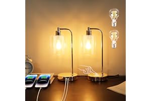 Allesin Dimmable Table Lamp, Touch Lamp Bedside with USB A+C, Vintage Industrial Lamps, Clear Glass Lampshade and Metal Base, Black Minimalist for Living Room, Bedroom(LED Bulb Included)