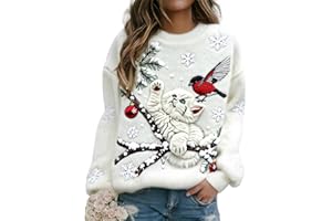 GENERIC Sweat-Shirt de Noël en Flanelle avec imprimé Chat pour Femme, Style décontracté, élégant, Doux et Chaud, Pull de Noël Fantaisie à col Rond, Haut de Vacances, vêtements festifs Confortables