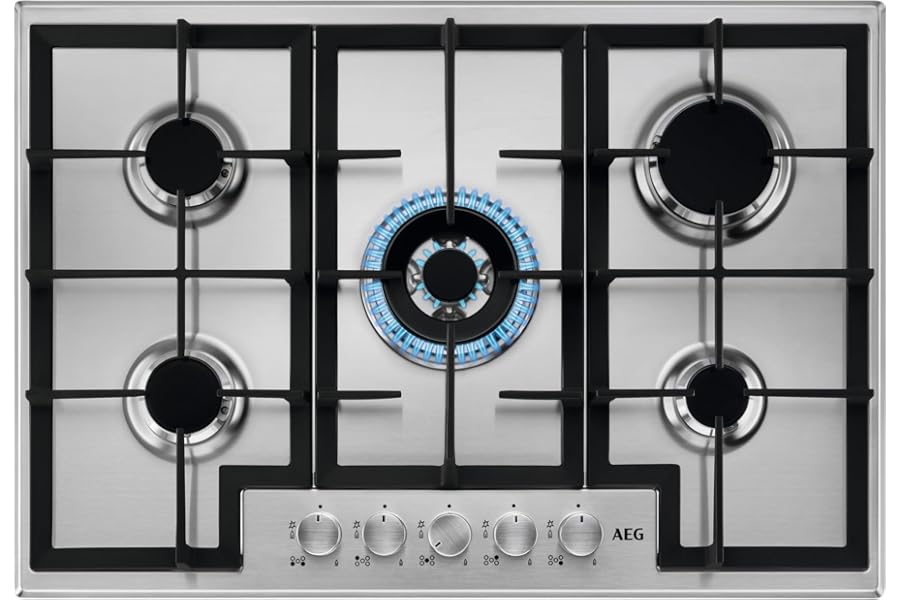 AEG HGB75400SM Built-in Gas Hob 75 cm, 5 Burners with Speed Burner and Wok Burner, Cast Iron Grills, Safety System, Professional Design, Stainless Steel