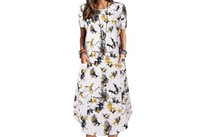 ZANZEA Women Summer Dresses Cotton Linen Dress Plus Size Short Sleeve Baggy Printed Casual Midi Dresses with Pockets