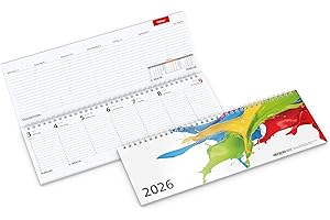 GEIGER-OFFICE Tisch-Querkalender 2026 TEMPO | Terminplaner 1 Woche auf 2 Seiten | 30,5 x 10,5 cm | 128 Seiten + Karton-Einband | Made in Germany