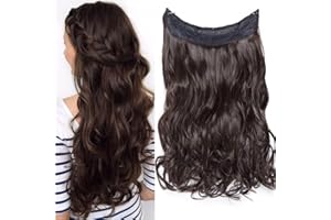 TESS Extensiones Hilo Invisible Pelo Natural 40 cm, Castaño oscuro Extensiones Pelo Natural Ondulado 90g Pelo Sintético Una Pieza