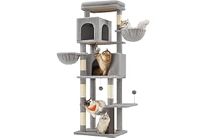 Feandrea Kratzbaum, 175 cm hoch, XL, mehrstöckiger Katzenbaum mit 2 Höhlen, 2 Liegemulden, 5 Kratzsäulen, Katzenbürste, große Plattform, Taubengrau PCT182G01