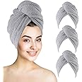 KinHwa 3 Pack Microfibre Hair Towel Wrap Super Absorbent Hair Turban with Buttons Soft and Anti Frizz Hair Caps for Women, Thick, Long, Wet Hair 65 x 25cm Grey…