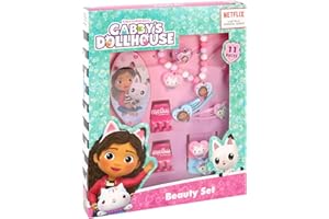 TDL 11pc Gabbys Dollhouse Beauty Set Girls Jewellery & Hair Accessories Kit Pink Gift Set Dress Up Hairbrush Bracelets Scrunchies Charms