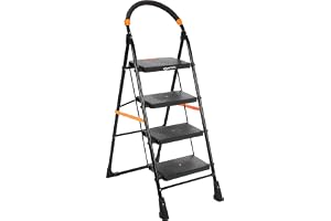 Amazon Basics Clamber - Foldable Step Ladder, Safety-Clutch Lock, Ribbed Steps, Knee Guard, Non-Marring PVC Shoes, 4 Steps (S