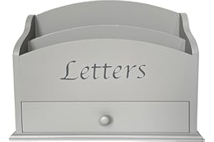 GreyZouq Wooden Letter Rack. Home office, study, hallway study. Two compartments for letters and handy drawer for stationary storage. Vintage/contemporary Letters text (light grey)