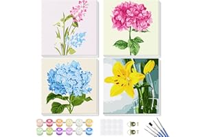 GHHKUD Kits de pintura por números para adultos principiantes, paquete de 4 lienzos de pintura por números para niños, pintura acrílica de flores por números con marco de madera y velcro (8 x 8
