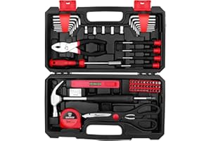 DEKO Tool Kit Set Box 62 Piece Home Repair DIY Tools Basic Hand Toolbox Sets for Home (Red)