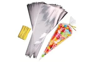 TREASURED FOREVER LIMITED Sweet Cone Bags with Coloured Ties | Triangle Clear Cellophane Bags | Food Sweet Candy Popcorn Snacks | Brithday Baby Shower Fayres Events Festivals (Empty Cones Only, 10 Set)