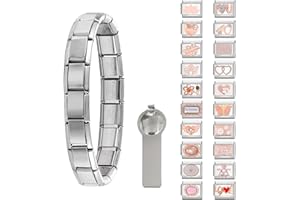 Paffartt 22Pcs Italian Charms Armband Set Classic Glieder Italy Charm 9mm Abnehmbare Edelstahl Modul Armband mit Öffnungswerkzeugen für Modischer Handbemaltes Vintage Basisarmband Italienische Charms