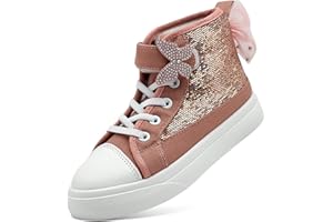 sharllen Girls Trainers Kids High Top Canvas Shoes Glitter Sequins Bowknot Pumps Easy Fasten Lightweight Casual Sneakers