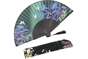 OMyTea "Lily" Chinese/Japanese Women Hand Held Silk Folding Fans with Bamboo Frame - With a Fabric Sleeve for Protection (WZS-27)