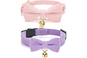 Petiry Corduroy Soft Cat Collar,Breakaway Pink Kitten Collar With Removeable BowTie and Gold Bell,Pack of 2,Purple Pink