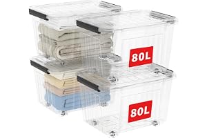 Cetomo 80 L x 4 plastförvaringslådor med hjul, förvaringslåda med lock med säkra sidolåsar, PP stapelbar och genomskinlig org