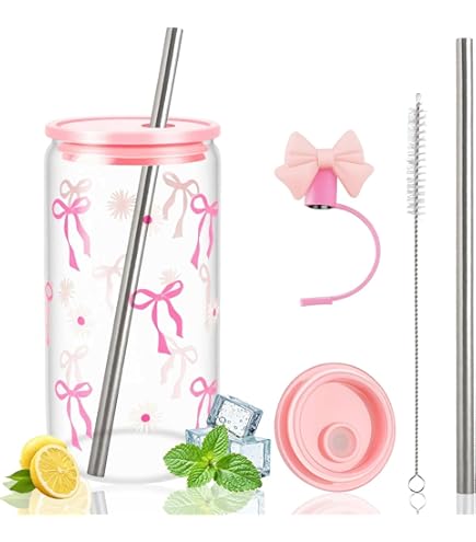 Trinkgläser Mit Bambusdeckel & Strohhalm - 16oz Glasbecher Set