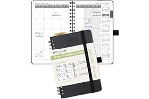 POPRUN Agenda 2025 Mensile Tascabile 16 x 10,5 cm, Spirale Planner Scuola 18 Mesi da Lug.24 a Dic.25, Righello Segnalibro, Copertina Morbida in Pelle Vegana, Carta Spessa da 100 GSM, Nero