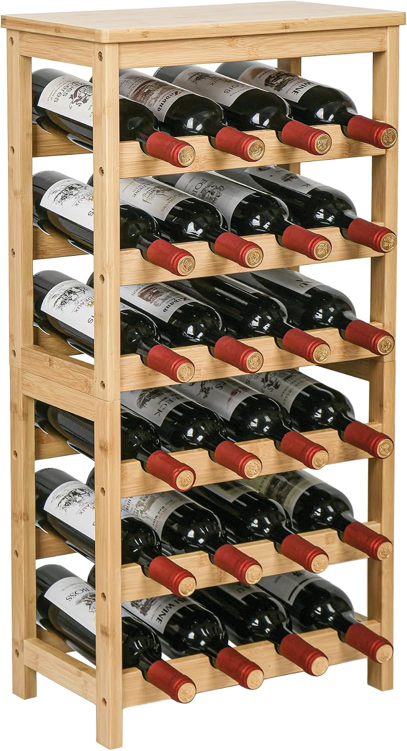 VASMIA Botellero de bambú para 24 Botellas, estantería con 6 Niveles para sótano, Cocina, Bar, Comedor, Soporte para Botellas de Madera con Tablero de Mesa, 41 x 24 x 81 cm, Natural