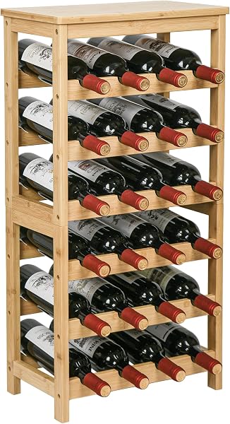 VASMIA Botellero de bambú para 24 Botellas, estantería con 6 Niveles para sótano, Cocina, Bar, Comedor, Soporte para Botellas de Madera con Tablero de Mesa, 41 x 24 x 81 cm, Natural - 1