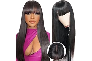 BELUCK Pelucas Mujer Pelo Natural Derecha Wig Con Flequillo, 2x4 Peluca Negra Lace Front Pelucas Cabello Natural Humano 180% Densidad, Glueless Human Hair Wig With Bangs 22 Pulgadas