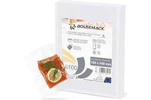 ‎BOLSEMACK BOLSEMACK Vakuumierbeutel 16x45cm - Vakuumbeutel 100 Stück für alle Vakuumierer & Lebensmittel Vakuumiergerät - Vacuum bags sehr stark & reißfest - Vakuumbeutel lebensmittel BPA-frei