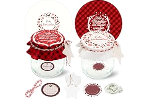 YANSYUN 30PCS Marmeladendeckchen Weihnachten, Inkl. Schmuckdeckchen für Einmachgläser, Marmeladen Etiketten, Stern-Anhängern, Justiergummi und Garn, Weihnachtliche Deko Stoffhauben für Einmachgläser