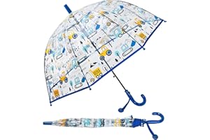 DECALSWEET Regenschirm Kinderschirm Stockschirm, Windsicher Robustheit Regen Regenschirm Transparent, Kinderregenschirm Durchsichtig Junge Mädchen, Kuppel-Blasenschirm Durchmesser=70cm Technische Fahrzeuge