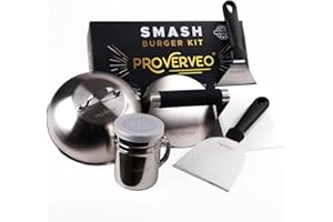 PROVERVEO Smash Burger Kit Profesional Premium de Acero Inoxidable 304 + Ebook de Recetas | Prensa Hamburguesas y Accesorios Smasher Hamburguesa | Aplastador Profesional Antiadherente | Burger Press