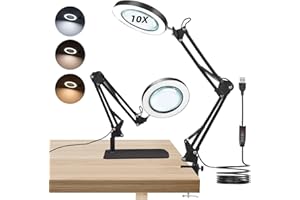 Towwoo Lupe mit Licht und Ständer, 10X Lupenleuchte mit Klemme und Großer Basis, 72 Dimmbar LEDs, 3 Farbmodi 10 Helligkeit, Tischlupe mit Beleuchtung für Naharbeiten, Schmuck, Lesen, Reparieren