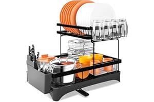 Baodan Dish Drying Rack Large, 2 Tier Kitchen Dish Drainer Rack Space-Saving, 360 Flexible Draining Board Rack for Kitchen Counter - Sink Drainer Rack with Drip Tray, Utensil Holder, Cup Rack