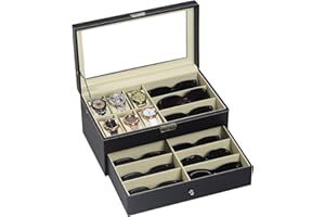 AUTOARK Leather 6 Watch Box Jewelry Case and 9 Piece Eyeglasses Storage and Sunglass Glasses Display Drawer Lockable Case Organizer,Black,AW-048