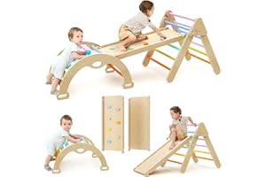 Mosebears Triangle d'escalade Montessori Enfants avec Rampe Double Face, Arc d'escalade Montessori en Bois Hêtre avec Toboggan & Échelle, Charge Max 60KG,pour Tout-Petits Bébé 1 Ans+