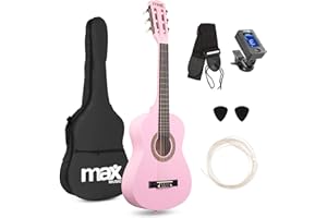 Max SoloArt Junior 1/4 Classical Acoustic Beginner Guitar Kit Pink – Complete Starter Set with Nylon Strings, Digital Tuner, Spare Strings, Picks & Soft Bag – Music Gift for Kids Aged 4-8