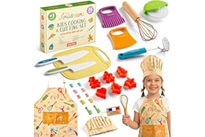 Jimadreams Set Cucina Bambini Montessori con Coltelli Antitaglio, Utensili Veri e Sicuri, Grembiule e Cappello da Chef - Kit Cucina e Pasticceria per Bambini - Regalo Bambina e Bambino dai 3 Anni