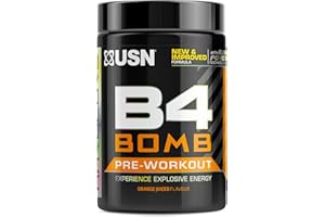 USN B4 Bomb Energy Drink Powder, Orange Flavour - 300g, with Vitamin B12 & B6, Creatine, Caffeine & Zynamite for Stamina & Explosive Energy, Glucose Free, No Added Sugar, Quality Dietary Supplement