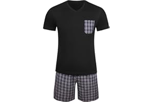 Winovia Herren Schlafanzug Kurz Pyjama 100% Baumwolle Kurzarm Nachtwäsche Shorty Schlafanzug Nightwear Set mit Karierter Hose