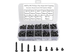 FandWay 480Pcs Self Tapping Screws Black,M3 Small Wood Screws Kit,Round Head Self Drilling Screw,Pan Head Sheet Metal Screw Phillips/Cross Drive for DIY WoodWork Repairs.