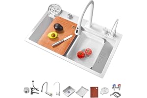 Ribanedy 68 x 45 cm Fregadero de cocina en cascada Blanco, fregadero moderno multifuncional de acero inoxidable de una cubeta con grifo rociador abatible y accesorios