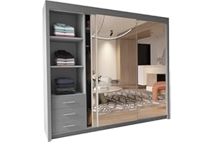 INTERWOOD 2&3 Mirror Sliding Door wardrobe for Bedroom Furniture with Shelves,Hanging Rails (Grey, 250cm)