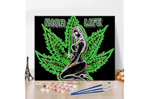 TISHIRON Paint by Number for Adults, Trippy Weed Small Paint by Numbers Kits, Hippie Green Hemp Leaf Paint by Numbers, Yoga Meditation Black Women Gift for Adults for Home Office Frameless 16x20 Inch