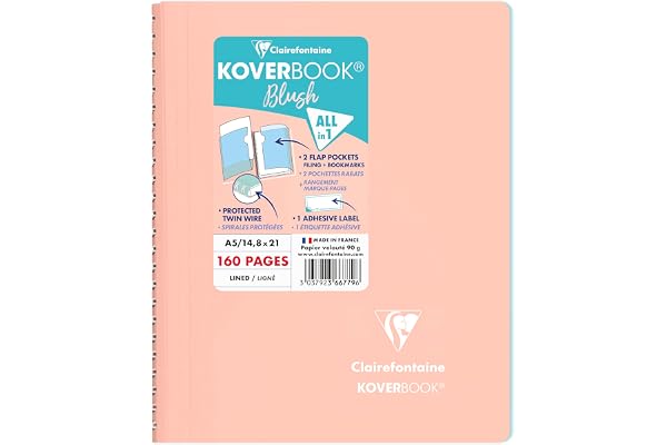 Clairefontaine 366779C Un Cahier à Spirale Koverbook Blush Corail - A5 14,8x21 cm - 160 Pages Lignées - Papier Blanc 90 g - Couverture Polypro Enveloppante