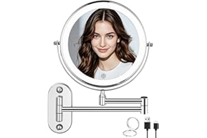 Zhufas Montaje en pared con iluminación espejo, aumento 1X/10X, espejo de maquillaje regulable, espejo de pared para baño y hotel, con iluminación, luces de 3 colores, giratorio 360°,espejo de afeitar