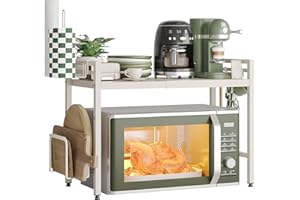 ‎NETEL NETEL Mikrowellen Ständer 2 Stufiges Mikrowellen Halter Organizer mit Haken, Rollen Schneidebrett Halter, Weiß, Ausziehbar von 40-60cm