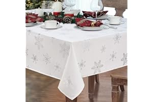 ‎YRENDENGE Yrendenge Wasserabweisend Weihnachtstischdecke 240x140, Rechteckige Weihnachten Tischdecke, Groß Esstischdecke Abwaschbar Weihnachts Tischdecke Tischtuch, Weiß mit Silber Schneeflocken Motiv