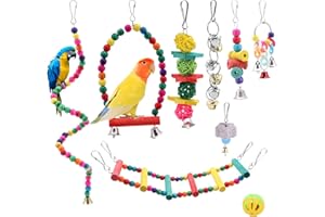 Seahelms Papageienspielzeug, Vogelkäfig-Spielzeug,Vogelkauen, Naturholz, Hängematte, Glocke, Vogelkäfig, Schaukel für Nymphensittiche, Finken, kleine Sittiche und Aras, bunt, 8 Stück
