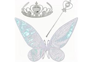 IRUNFAST 3Pcs White Fairy Wings Set With Crown,Enchanting Magic Wand Angel and Elf Props Modelling Accessories Fairy Wings for Kids Adu Butterfly Wings for Holiday Performances,Elf Portraits, Parties