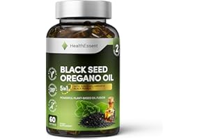 HealthEssent Oil of Oregano with Black Seed Oil 6500mg Complex - 5-in-1 Blend with Turmeric, Ginger & Black Pepper - High Potency Carvacrol & Thymoquinone - (2 Month Supply) - 60 Vegan Capsules