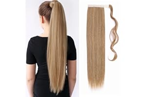 TESS Coleta Postiza Pelo Natural 60 cm, Postizos de Pelo Natural Liso Marrón ceniza claro mezclado con rubio platino Coleta Postiza 90g